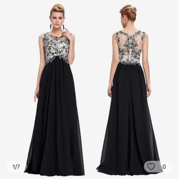 Black evening party prom dress floorlength, appliqué, sequin, sheer size 6 - Picture 3 of 14